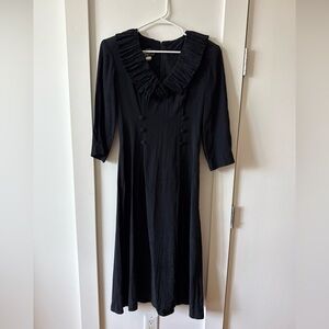Vintage Dawn Joy Black Ruffle Tie Button Dress 1980/90s Size 9/10 Goth Whimsy